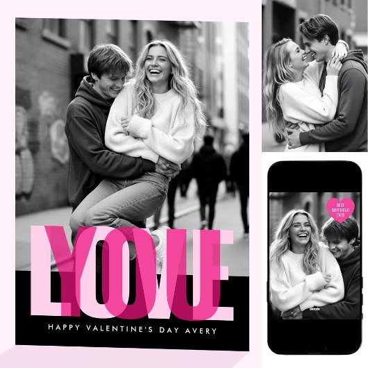 Cute Love You 3 Photos Valentine's Day Black Pink Kaart
