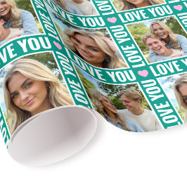 Cute Love You 4 Photo Collage Green Pink Heart Cadeaupapier