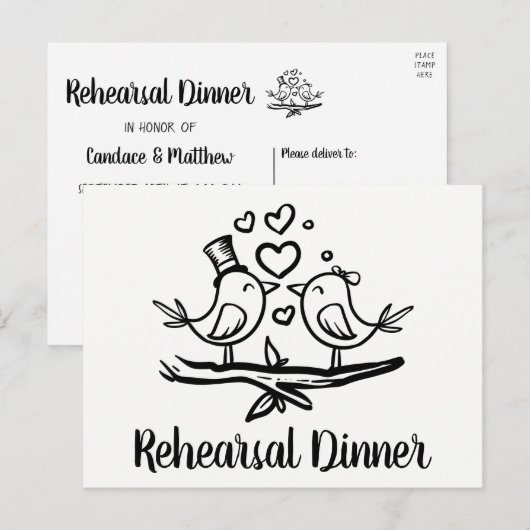 Cute Lovebird Black White Weddenrenrepetitie Dinne Uitnodiging Briefkaart (Voorkant / Achterkant)