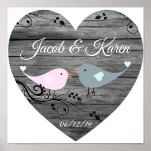 Cute Lovebird Faux Wooden Heart Poster