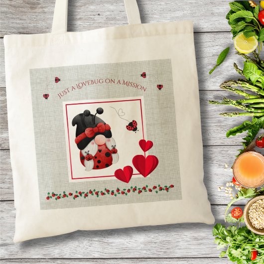 Cute Lovebug on a Mission Ladybug Gnome Tote Bag