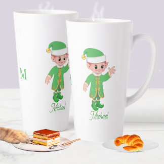 Cute Lucky Elf with Script and Monogram Latte Mok