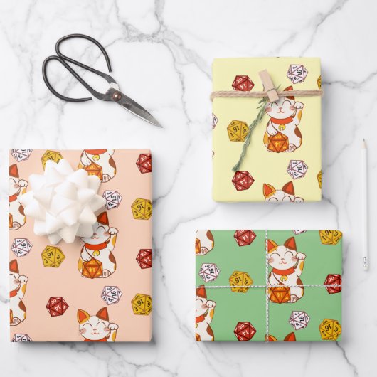 Cute Lucky Maneki-neko Gamer Dice Pattern Inpakpapier Vel (Voorkant)