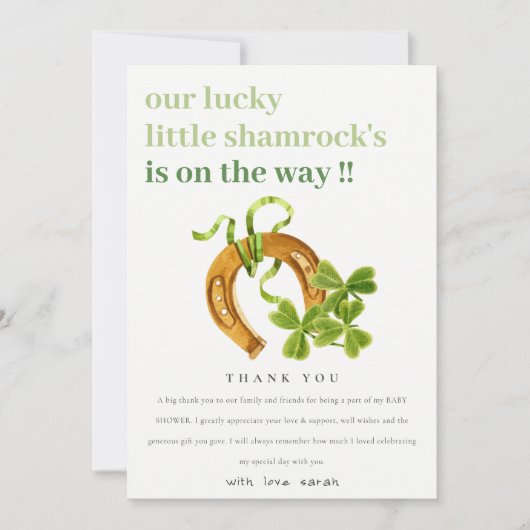 Cute Lucky Shamrock St Patrick's Day Baby shower Bedankkaart (Voorkant)