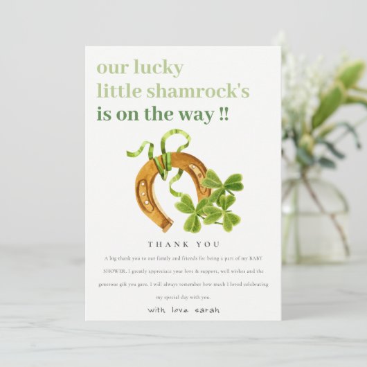 Cute Lucky Shamrock St Patrick's Day Baby shower Bedankkaart (Staand voorkant)