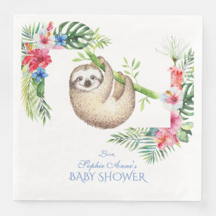 Cute Luiaard Tropische Bloemen Frame Baby Shower Servet