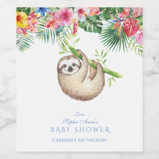 Cute Luiaard Tropische Bloemen Frame Baby Shower Wijn Etiket (Enkel label)