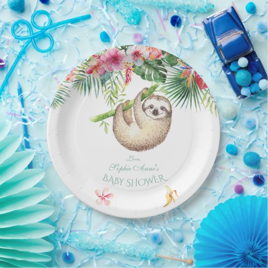 Cute Luiaard Tropische Bloemenboeket Jongen Baby S Papieren Bordje (Feest)