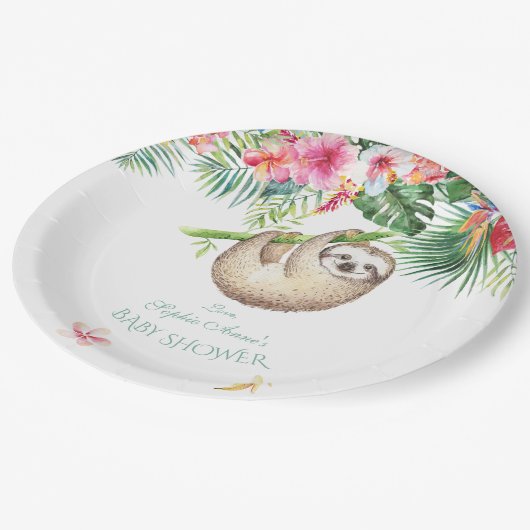 Cute Luiaard Tropische Bloemenboeket Jongen Baby S Papieren Bordje (Gekanteld)