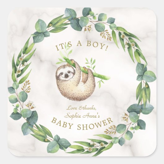 Cute Luiaards Eucalyptus Krans Baby Shower Vierkante Sticker (Voorkant)