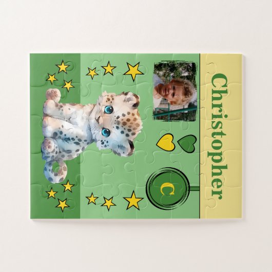 Cute luipaard foto naam groen geel kinderen legpuzzel (Horizontaal)