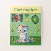Cute luipaard foto naam groen geel kinderen legpuzzel (Verticaal)