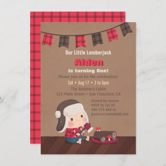 Cute Lumberjack 1st Birthday Party Invitations Kaart (Voorkant / Achterkant)
