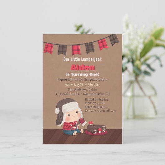 Cute Lumberjack 1st Birthday Party Invitations Kaart (Staand voorkant)