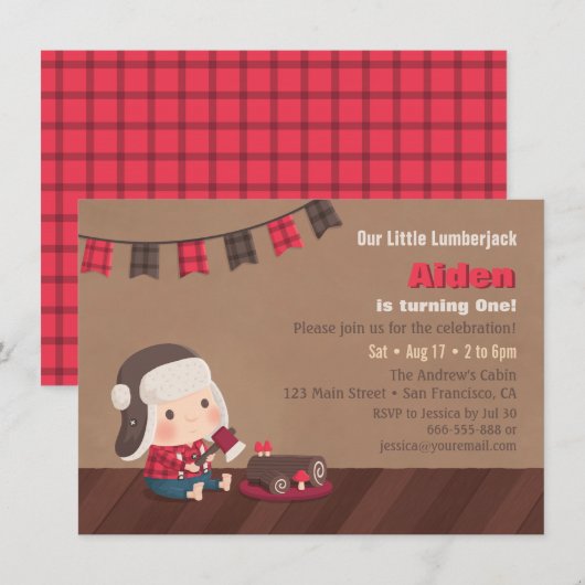 Cute Lumberjack Baby First Birthday Invitations Kaart (Voorkant / Achterkant)