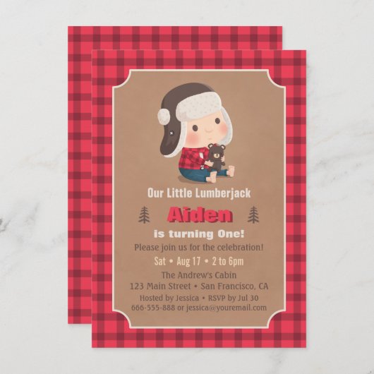 Cute Lumberjack Teddy Bear Birthday Party Invites Kaart (Voorkant / Achterkant)