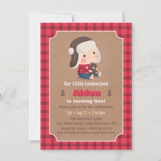 Cute Lumberjack Teddy Bear Birthday Party Invites Kaart (Voorkant)