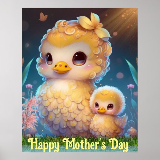 Cute Ma en Baby Duck in Garden Moederdag Art Poster (Voorkant)