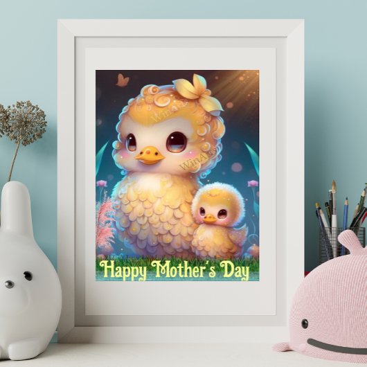 Cute Ma en Baby Duck in Garden Moederdag Art Poster