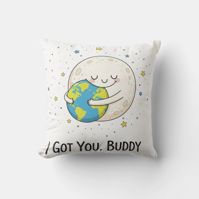 Cute Maan en Aarde Knuffel Illustratie met Kussen (Voorkant)
