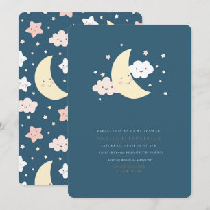 Cute Maan en Ster Baby Shower Uitnodiging Navy