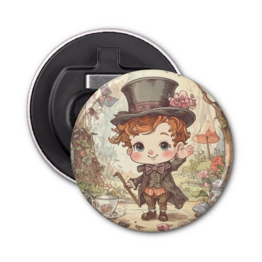 Cute Mad Hatter Whimsical Wonderland Woodland Art Button Flesopener (Voorkant)