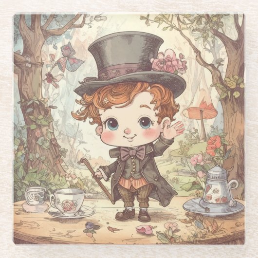 Cute Mad Hatter Whimsical Wonderland Woodland Art Glazen Onderzetter (Voorkant)