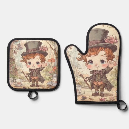 Cute Mad Hatter Whimsical Wonderland Woodland Art Ovenwant & Pannenlap Set (Voorkant)