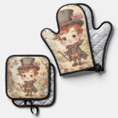 Cute Mad Hatter Whimsical Wonderland Woodland Art Ovenwant & Pannenlap Set (Voorkant / Achterkant)