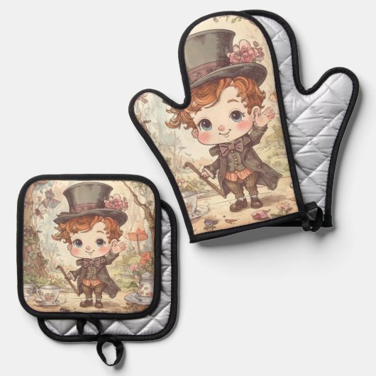 Cute Mad Hatter Whimsical Wonderland Woodland Art Ovenwant & Pannenlap Set (Voorkant / Achterkant)