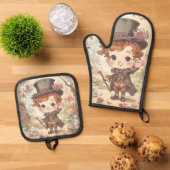 Cute Mad Hatter Whimsical Wonderland Woodland Art Ovenwant & Pannenlap Set (Top down)