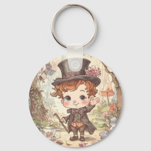 Cute Mad Hatter Whimsical Wonderland Woodland Art Sleutelhanger (Voorkant)