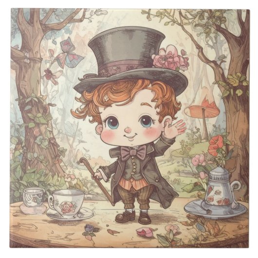 Cute Mad Hatter Whimsical Wonderland Woodland Art Tegeltje (Voorkant)