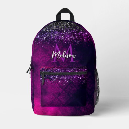 Cute magenta black faux glitter monogram bedrukte rugzak (Voorkant)