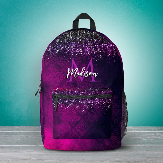 Cute magenta black faux glitter monogram bedrukte rugzak
