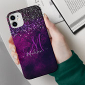 Cute magenta black faux glitter monogram Case-Mate iPhone case