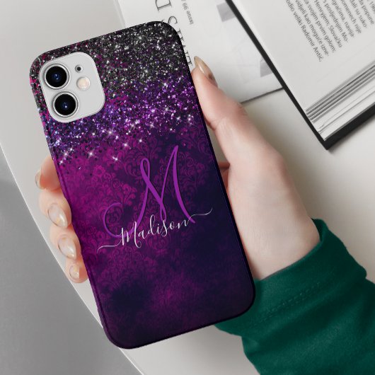 Cute magenta black faux glitter monogram Case-Mate iPhone case
