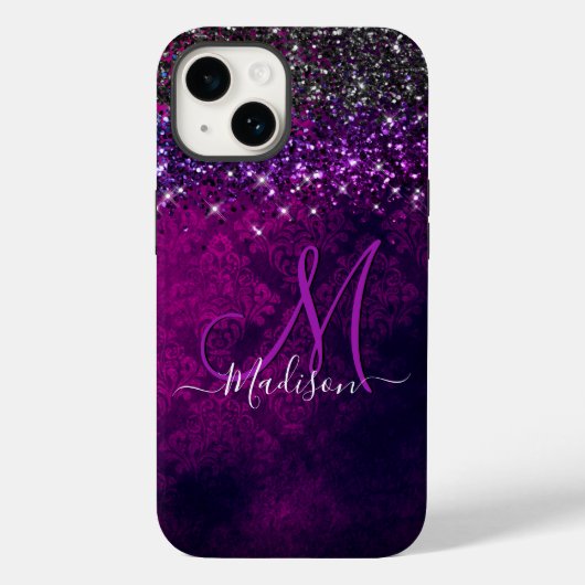 Cute magenta black faux glitter monogram Case-Mate iPhone case (Achterkant)