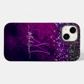 Cute magenta black faux glitter monogram Case-Mate iPhone case (Achterkant (horizontaal))