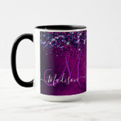 Cute magenta black faux glitter monogram mok (Links)