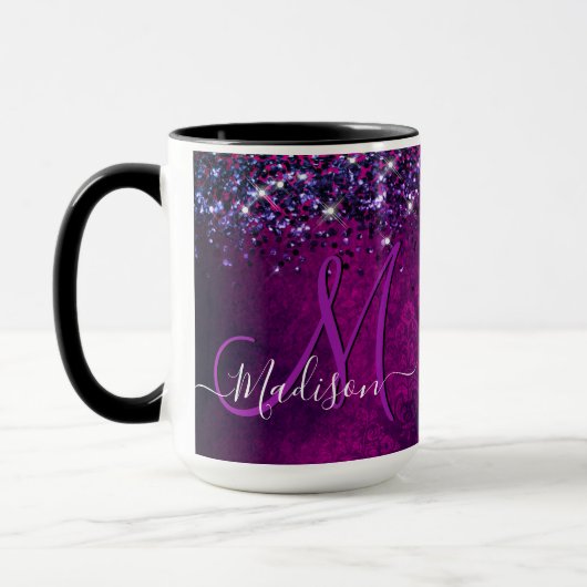 Cute magenta black faux glitter monogram mok (Links)