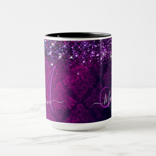 Cute magenta black faux glitter monogram mok (Midden)