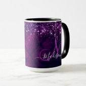 Cute magenta black faux glitter monogram mok (Voorkant rechts)