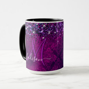 Cute magenta black faux glitter monogram mok