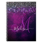 Cute magenta black faux glitter monogram notitieboek (Voorkant)