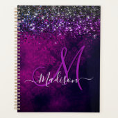 Cute magenta black faux glitter monogram planner (Voorkant)