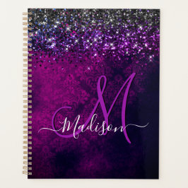 Cute magenta black faux glitter monogram planner