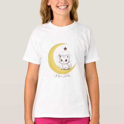 Cute Magical Cat on Moon Starry Dreams - Round Cla T-shirt (Voorkant)