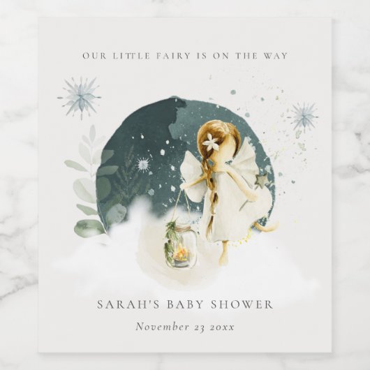 Cute Magical Enchanical Fairy On Way Baby shower Wijn Etiket (Enkel label)
