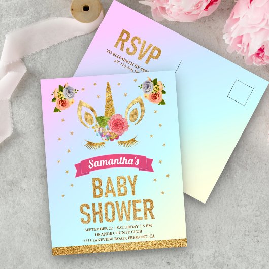 Cute Magical Gold Glitter Unicorn Face Baby shower Uitnodiging Briefkaart